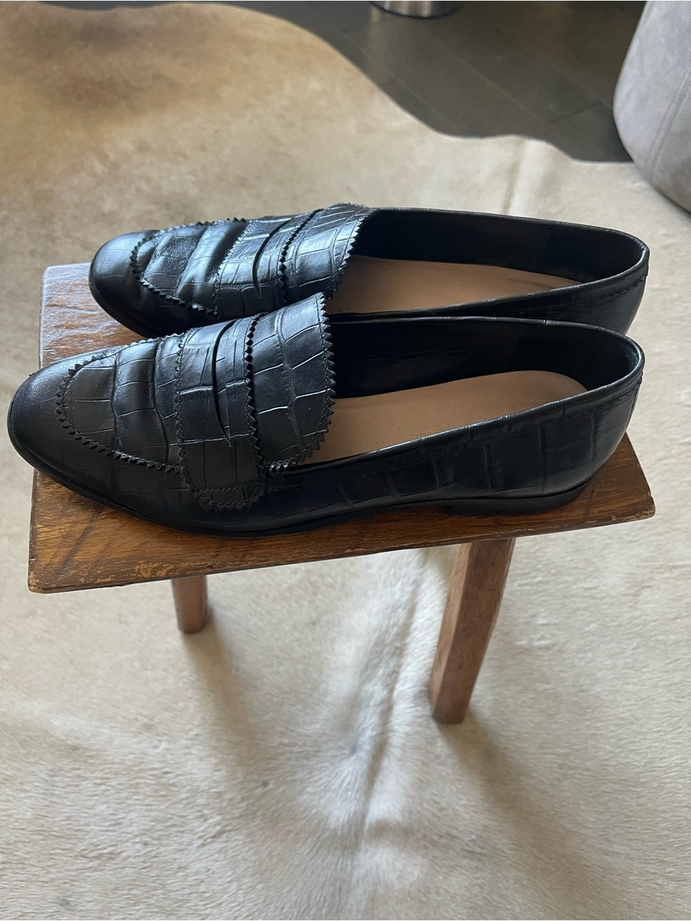 Loeffler Randall Black Croc-Embossed Leather Penny Loafers